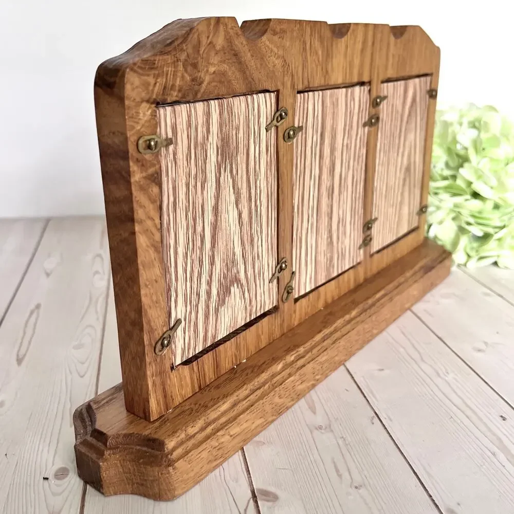 Vintage Triple-Opening Carved Oak Wood Desk Tabletop Photo Frame 2.25x3